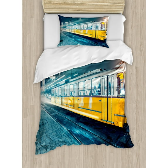Yellow and Blue Duvet Cover Set, Old Tram in the City Center Vintage Urban Train Station European Town Image, Decorative 2 Piece Bedding Set with 1 Pillow Shams, Twin Size, Slate Blue, by Ambesonne
