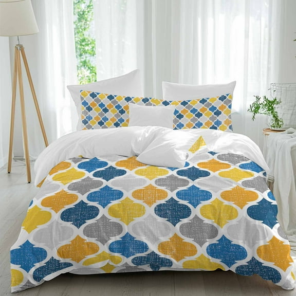 Yellow Blue Duvet Cover Set Queen Size, Moroccan Trellis Retro Abstract Geometric 4 Piece Soft Microfiber Bedding Set with 1 Duvet Cover, 1 Flat Sheet, 2 Pillowcases