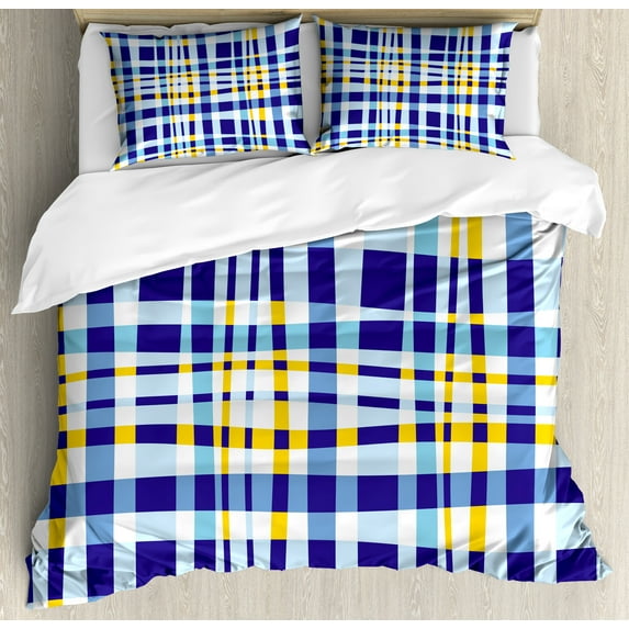 Yellow and Blue Duvet Cover Set, Retro Scottish Checkered Tartan with Color Stripes Lines Pattern, Decorative 3 Piece Bedding Set with 2 Pillow Shams, Queen Size, Pale Violet Blue, by Ambesonne