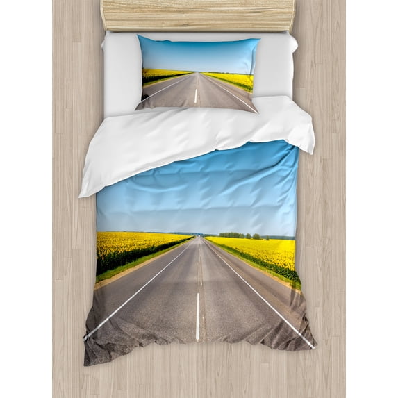 Yellow and Blue Duvet Cover Set, Roadme Highway with Sunflower Field Backdrop Nature Panorama, Decorative 2 Piece Bedding Set with 1 Pillow Shams, Twin Size, Grey Sky Blue, by Ambesonne