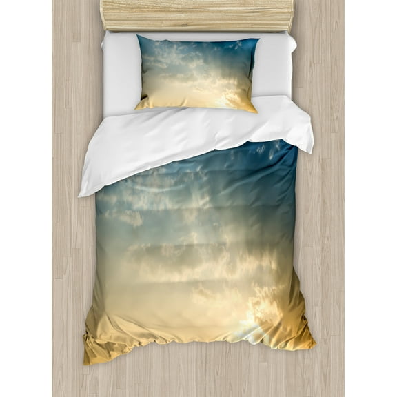 Yellow and Blue Duvet Cover Set, Sky with Sun Rays Dusk Clouds Mystic Summer Air Tranquil Landscape, Decorative 2 Piece Bedding Set with 1 Pillow Shams, Twin Size, Slate Blue Sepia, by Ambesonne