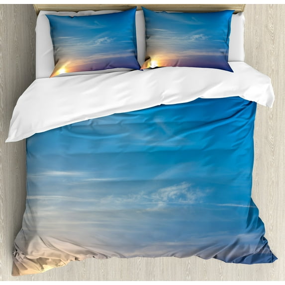 Yellow and Blue Duvet Cover Set, Sunrise Blurry Sky Horizon in the Middle of Nowhere Serene View, Decorative 3 Piece Bedding Set with 2 Pillow Shams, Calking Size, Lavender Blue Yellow, by Ambesonne