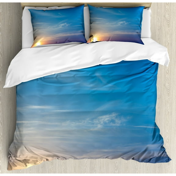 Yellow and Blue Duvet Cover Set, Sunrise Blurry Sky Horizon in the Middle of Nowhere Serene View, Decorative 3 Piece Bedding Set with 2 Pillow Shams, Queen Size, Lavender Blue Yellow, by Ambesonne