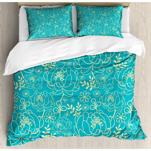 Ambesonne Yellow and Blue Duvet Cover Sets, Twig and Leaves, 2-King, Turquoise Pale Yellow