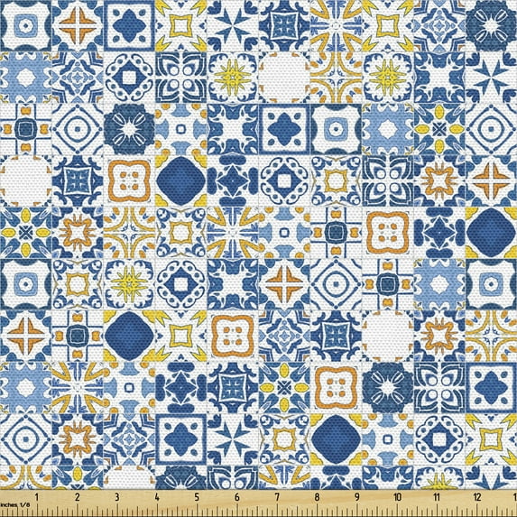 Ambesonne Yellow and Blue Fabric by the Yard Upholstery, Mosaic Azulejo, 1 Yard, Violet Blue Mustard