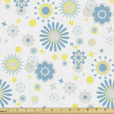 Ambesonne Yellow and Blue Fabric by the Yard Upholstery, Floral Scrapbook, 2 Yards, Blue Yellow Pale Grey