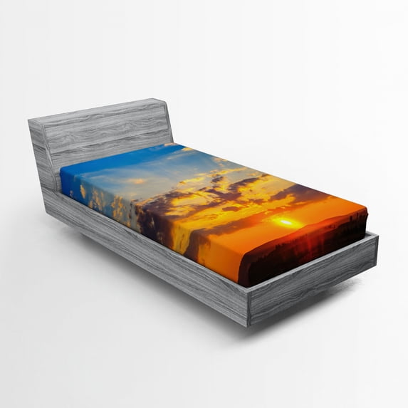 Ambesonne Yellow and Blue Fitted Sheet, Dramatic Sunset, Twin Size, Orange Blue