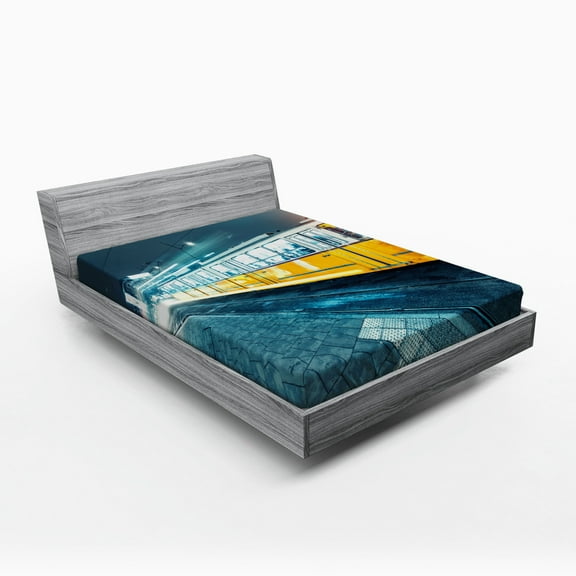 Yellow and Blue Fitted Sheet, Old Tram in the City Center Vintage Urban Train Station European Town Image, Soft Decorative Fabric Bedding, Queen Size, Slate Blue, by Ambesonne