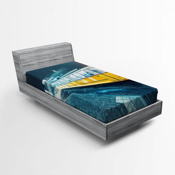 Yellow and Blue Fitted Sheet, Old Tram in the City Center Vintage Urban Train Station European Town Image, Soft Decorative Fabric Bedding, Twin XL Size, Slate Blue, by Ambesonne