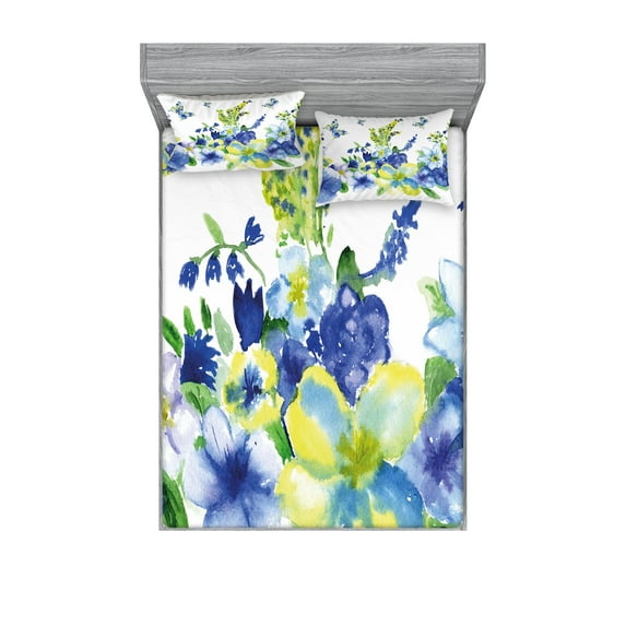 Yellow and Blue Fitted Sheet & Pillow Sham Set, Spring Flower Watercolor Flourishing Vibrant Blooms Design, Decorative Printed 6 Piece Bedding Decor Set, Full, Lime Green Royal Blue, by Ambesonne