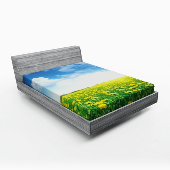 Ambesonne Green Fitted Sheet, Field Grassland, Full Size, Green Blue Yellow