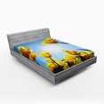 thumbnail image 1 of Ambesonne Tulip Fitted Sheet, Field Summer Blooms, Full Size, Green Yellow Blue, 1 of 2