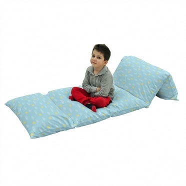 Yellow and Blue Floor Pillow Lounger Cover, Clouds Sun Pattern with Vertical Stripes Dots Playroom Design, Nap Mat Printed Fabric Case for 5 Pillows, 88" x 36", Pale Blue Yellow, by Ambesonne