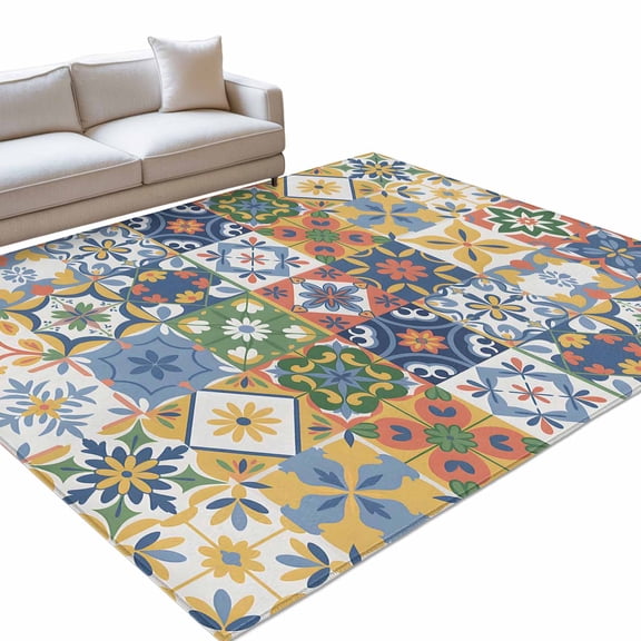 Yellow Blue Floral 3x5ft Non Slip Area Rug Vintage Mediterranean Tile Yellow Blue Flower Washable Soft Area Rugs for Living Room, Indoor Circle Carpet for Bedroom Dining Room Kitchen