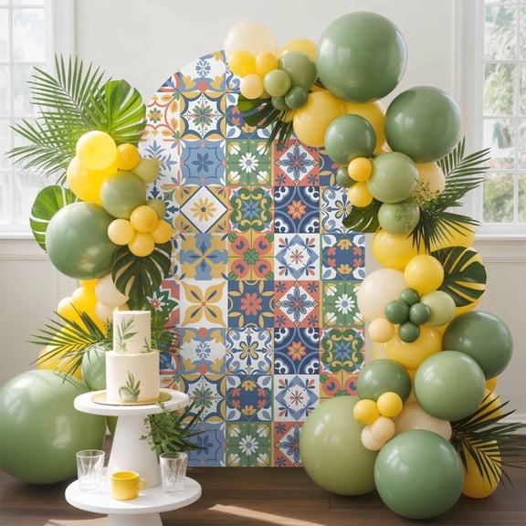 Yellow Blue Floral Arch Backdrop Cover, 4FT, Vintage Mediterranean Tile Yellow Blue Flower Spandex Arch Covers Double-Sided Backdrop for Wedding Birthday Party Photo Background Decoration