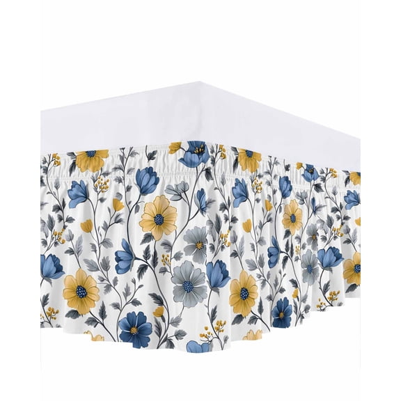 Yellow Blue Floral Bed Skirt Vintage Leaf Bed Skirts California King Size 18 Inch Drop, Wrap Around Dust Ruffle Bedskirt with Adjustable Elastic Belt for Queen Size Beds