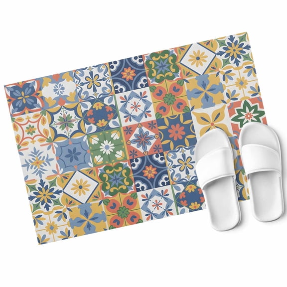 Yellow Blue Floral Door Mat Vintage Mediterranean Tile Yellow Blue Flower Non Slip Absorbent Entrance Mat Washable Low Profile Indoor Doormat for Front Door Entryway Entry 16"x24"
