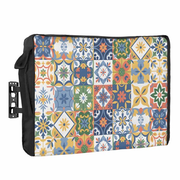 Yellow Blue Floral Outdoor TV Cover 30 to 32 inch Weatherproof Waterproof, Vintage Mediterranean Tile Yellow Blue Flower TV Enclosures with Remote Control Pocket Flat Screen Protector for Outside