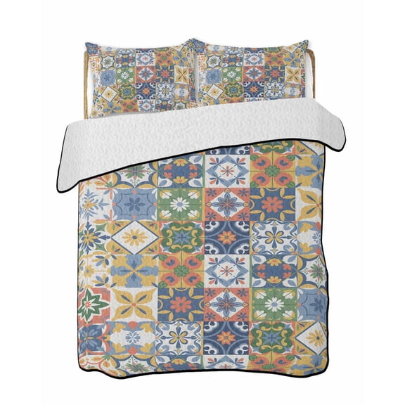 Yellow Blue Floral Quilts Bedding Set King Size Vintage Mediterranean Tile Yellow Blue Flower Lightweight Quilted Bedspread 3 Piece Bed Quilt with 2 Pillow Shams All Season for Bedroom 90" x 96"