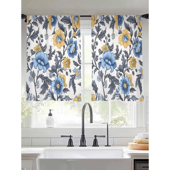 Yellow Blue Floral Sheer Curtains 45 Inches Long 2 Panels Vintage Flower Light Filtering Semi Sheer Window Curtains Drapes for Bedroom Living Room 52"x45"