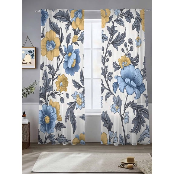 Yellow Blue Floral Sheer Curtains 84 Inches Long 2 Panels Vintage Flower Light Filtering Semi Sheer Window Curtains Drapes for Bedroom Living Room 52"x84"