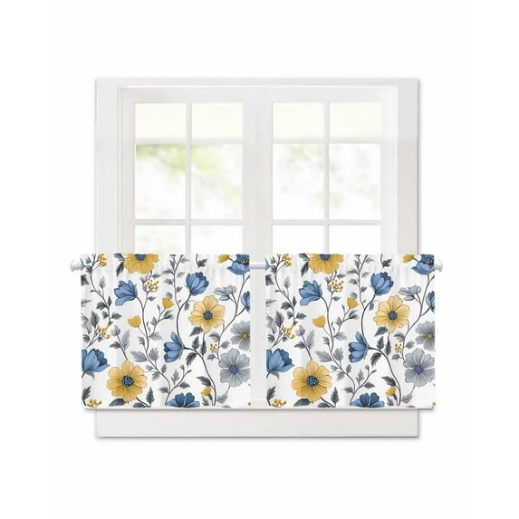 Yellow Blue Floral Short Blackout Curtains 30Inch Long Vintage Leaf Rod Pocket Kitchen Curtains, 2 Panels Thermal Insulated Room Darkening Drapes for Bedroom, 30"W x 30"L