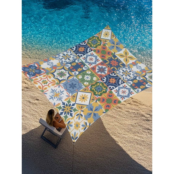 Yellow Blue Floral Sun Shade Sail 8' x 10', Vintage Mediterranean Tile Yellow Blue Flower Rectangle Outdoor Sunshade Canopy, Waterproof UV Block Patio Covers for Garden Yard Beach