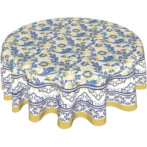 Yellow and Blue Floral Tablecloth Round 60 Inch Farmhouse Boho Tablecloth Spring Summer Fabric Table Cloth With Wrinkle Resistant For Kitchen Holiday Picnic Party Dinner Room Indoor Outdoor Decor