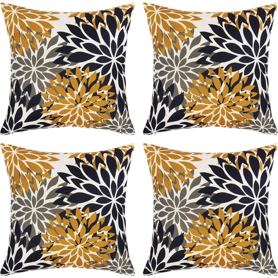 Yellow and Blue Floral Throw Pillow Covers 20x20 inch Set of 4 Outdoor and Indoor Farmhouse Decorative Linen Pillow Cover - Waterproof Pillow Covers for Patio Garden Living Room Bed Sofa