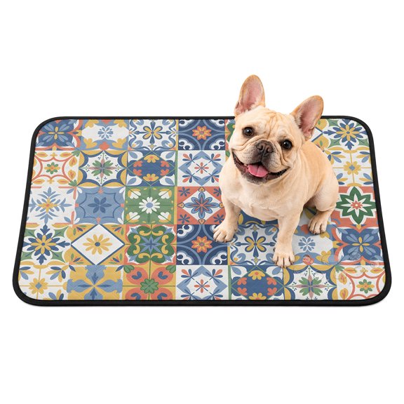 Yellow Blue Floral Washable Pee Pads for Dogs, Vintage Mediterranean Tile Yellow Blue Flower Reusable Puppy Pads Waterproof Pet Mat, Absorbent Dog Pee Pads for Crate Training Mats 24"x18"