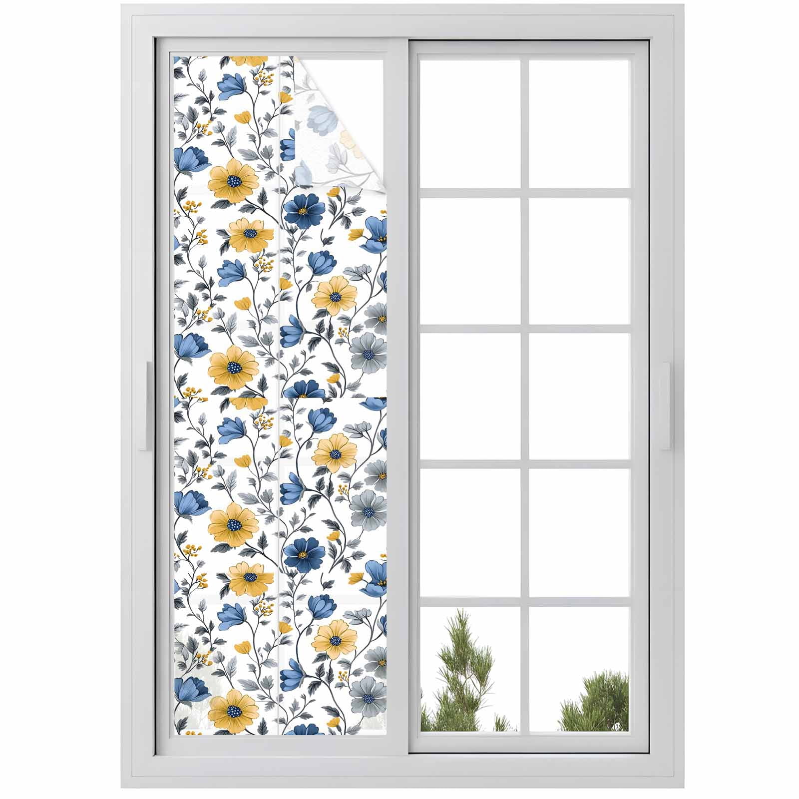 Yellow Blue Floral Window Privacy Film Vintage Leaf Decorative Glass ...