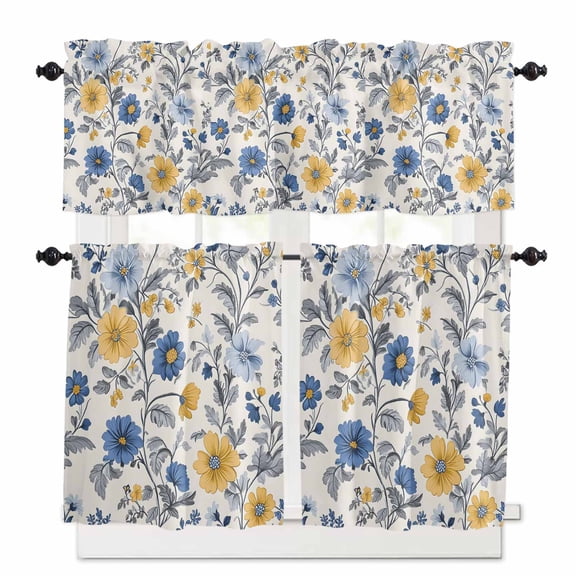 Yellow Blue Flower Kitchen Curtains Valances and Tiers Set of 3, Art Leaf Vintage 24 Inch Length Tier Curtains and Valance Rod Pocket Valance Curtains Set for Kitchen Bathroom Small Windows