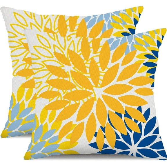 Yellow Blue Flower Pillow Covers 18x18 Inch Set of 2 White Gray Colored Throw Pillows Outdoor Waterproof Decor for Living Room Sofa Patio Funiture Garden Floral Polyester Pillow Covers 002J