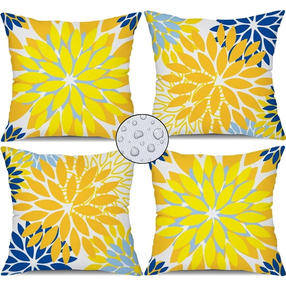 Yellow Blue Flower Pillow Covers 18x18 Inch Set of 4 White Blue Colored Throw Pillows Outdoor Waterproof Decor for Living Room Sofa Patio Funiture Garden Floral Linen Cushion Case 008A