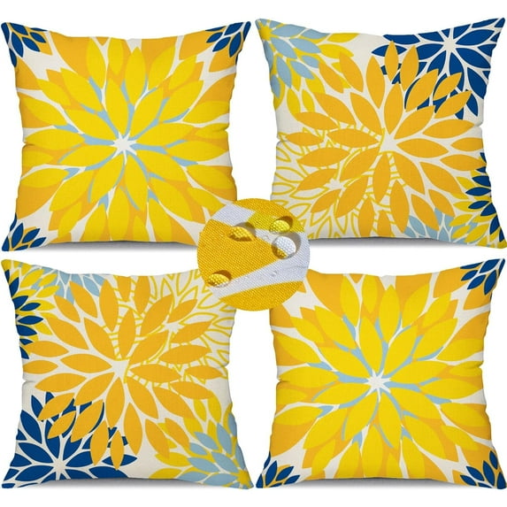 Yellow Blue Flower Pillow Covers 18x18 Inch Set of 4 White Blue Colored Throw Pillows Outdoor Waterproof Decor for Living Room Sofa Patio Funiture Garden Floral Linen Cushion Case 008A