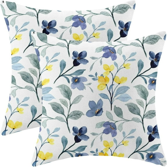 Yellow Blue Flower Pillow Covers 20x20 Set of 2, Watercolor Plants Farmhouse Decorations Throw Pillow Covers Vintage Floral Leaves Outdoor Decorative Linen Cushion Case for Couch Sofa Home