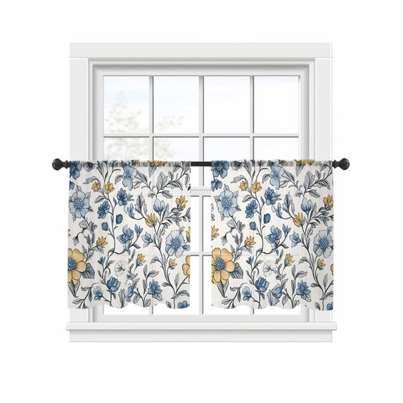 Yellow Blue Flower Sheer Curtains for Living Room Bedroom, Light-filtering Sheer Curtain, Vintage Floral LigRod Pocket Voile Window Treatment Drapes, 52’’Wx54’’L, 2 Panels Set