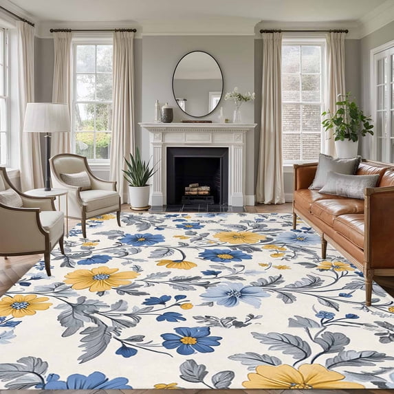 Yellow Blue Flower Washable Living Room Rugs 6'x9', Abstract Floral Low Pile Throw Large Area Rug Non-Slip Sturdy Edge Binding Carpet for Dining Room Kitchen Office