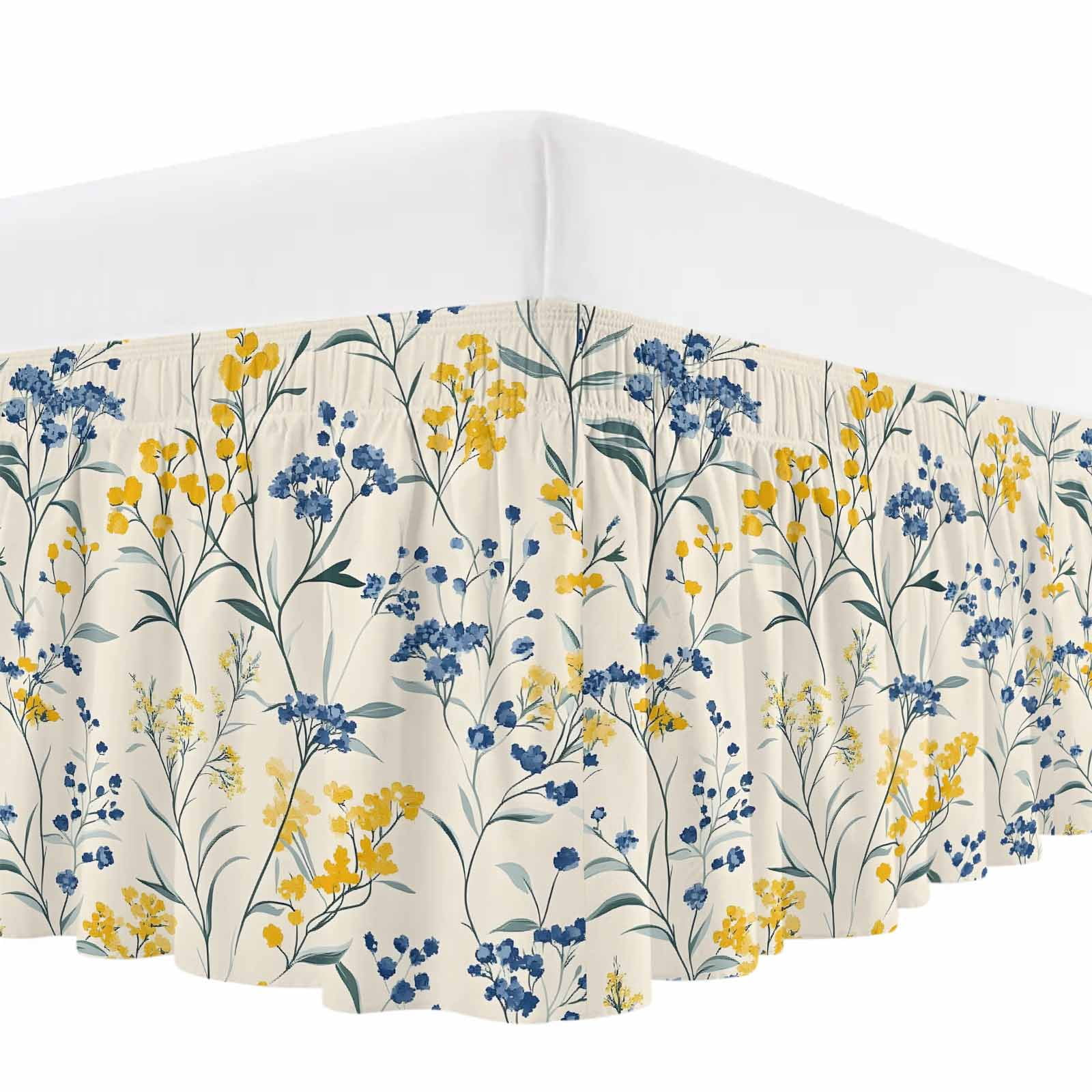 Yellow Blue Flowers Bed Skirt King Size, Watercolor Botanical Floral Plants Wrap Around Bed Skirting with Adjustable Elastic Strap, Dust Ruffle Pleated Bedskirts 16 Inch Drop for Bedroom King Beds