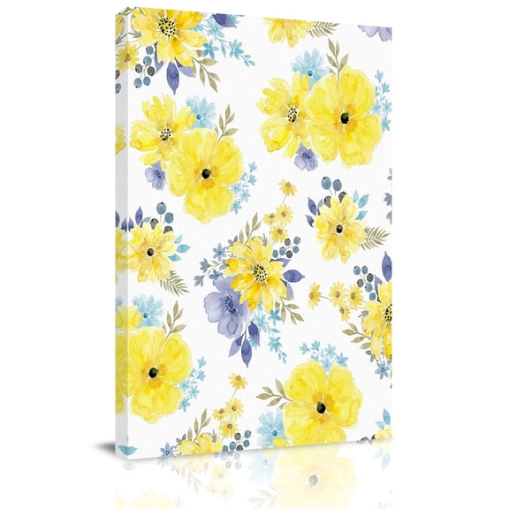 Yellow Blue Flowers Canvas Wall Art for Living Room, Watercolors Spring Floral Abstract Wall Decor Framed Artwork Pictures Ready to Hang for Bedroom Office Home Decor