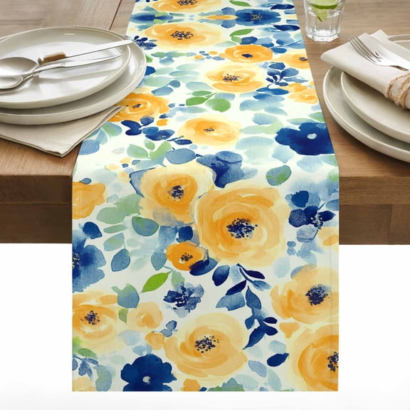 Yellow Blue Flowers Cotton Linen Table Runner Spring Floral Dining Table Runners for Home Decor Party Dining Room Restaurant Kitchen 13" x 36"