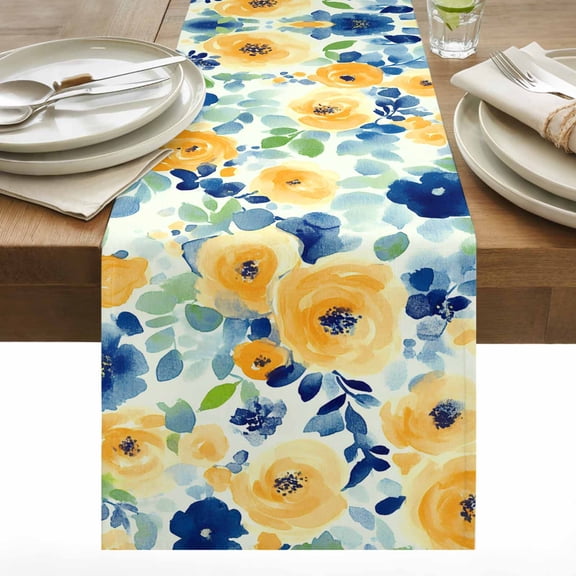 Yellow Blue Flowers Cotton Linen Table Runner Spring Floral Dining Table Runners for Home Decor Party Dining Room Restaurant Kitchen 13" x 90"