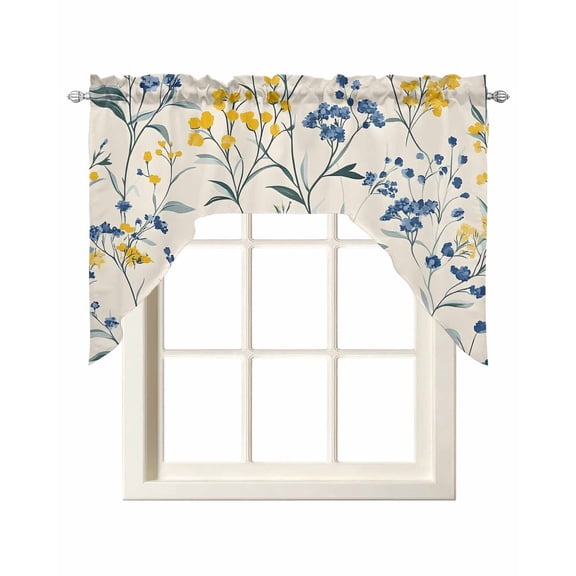 Yellow Blue Flowers Kitchen Curtains Swag Valance for Windows/Bathroom/Cafe, Watercolor Botanical Floral Plants Rod Pocket Drape Panel Swag Curtain Valance for Bedroom/Living Room 55''x36''