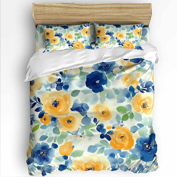 Yellow Blue Flowers Queen Size Comforter Set, Spring Floral Rustic Rose Soft Bedding for All Seasons, 4 Pcs Bed Set with 1Comforter (90"x92") ,1 Sheet(94"x116"), 2 Pillowcases (19"x29")