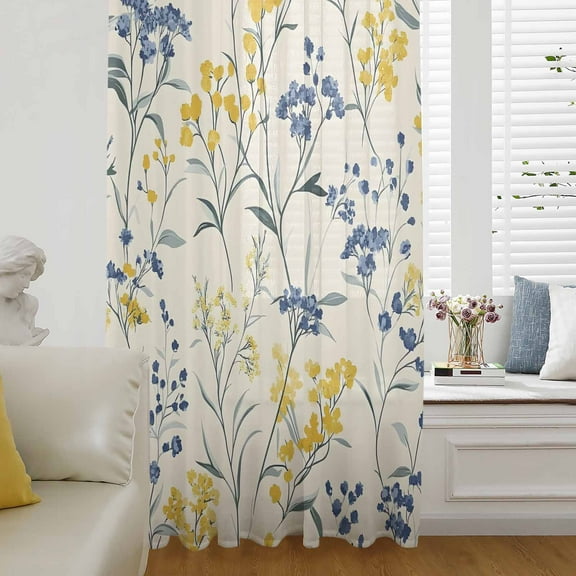 Yellow Blue Flowers Semi Sheer Curtains Drapes for Living Room, Bedroom, French Doors Window 63 Inches Long, Watercolor Botanical Floral Plants Rod Pocket Chiffon Curtain Drapery Voile Drape Panel