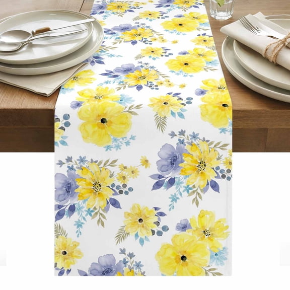 Yellow Blue Flowers Table Runner Watercolors Spring Floral Abstract Table Runners Dresser Scarves Holiday Kitchen Dining Table Decoration for Home Party Indoor 13x120 Inch