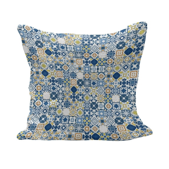 Yellow and Blue Fluffy Throw Pillow Cushion Cover, Mosaic Portuguese Azulejo Mediterranean Effect, Decorative Square Accent Pillow Case, 20" x 20", Violet Blue Mustard, by Ambesonne