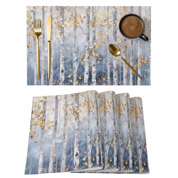 Yellow Blue Forest Placemats Set of 6, Cotton Linen Fabric Place Mats, Modern Oil Painting Art Washable Decorative Table Mats Protector for Home Kitchen Dining Wedding Party Coffee Tables
