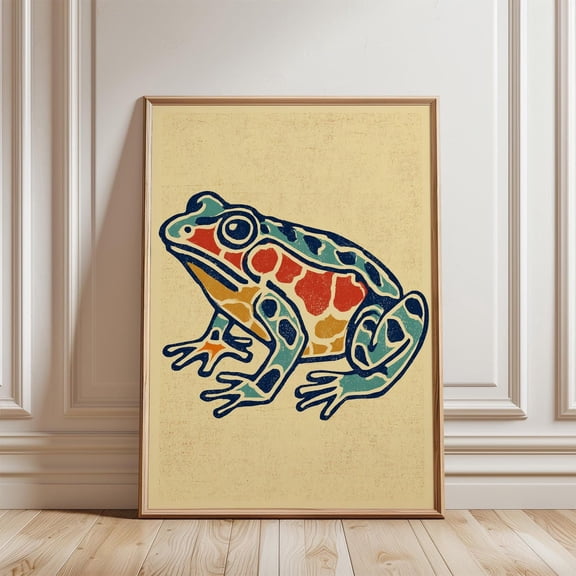 Yellow Blue Frog Linocut Folk Animal Graphic Nature Illustration Unframed Paper Print