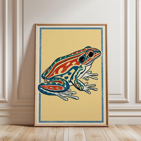 Yellow Blue Frog Poster Linocut Folk Animal Illustration Graphic Nature Art